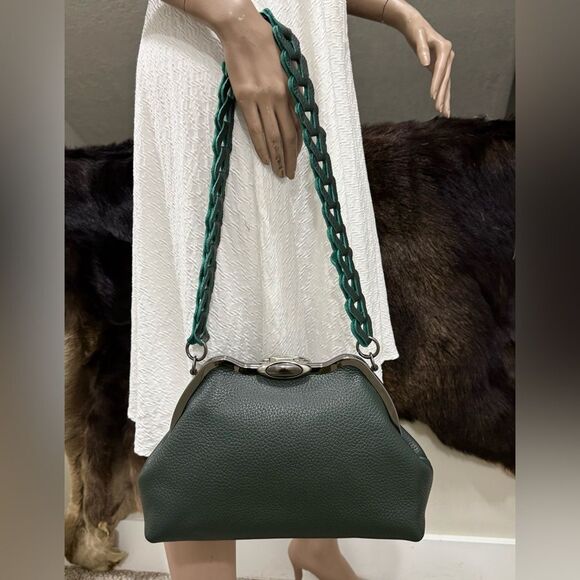 Dark Green Premium Togo Calfskin Handmade Custom Metal Frame Handbag & 2 Straps - Picture 4 of 16
